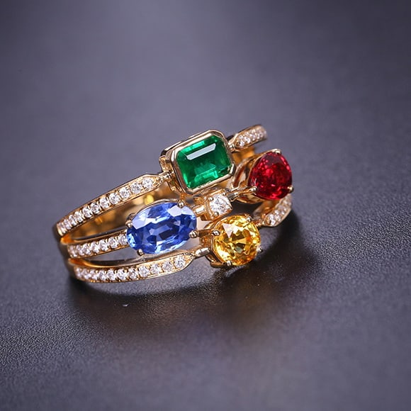 14k Gold 1.85 Ctw Natural Emerald & Sapphire & Spinel & Diamond Ring - 4