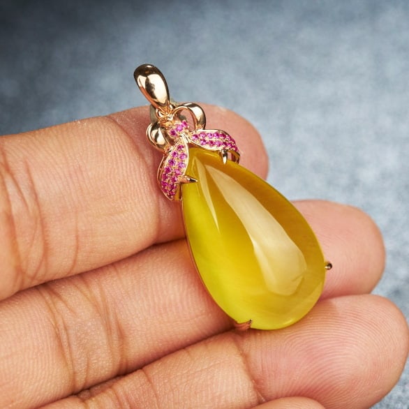 14k Gold 23.36 Ct Natural Prehnite & Ruby Pendant( Without Chain ) - 7