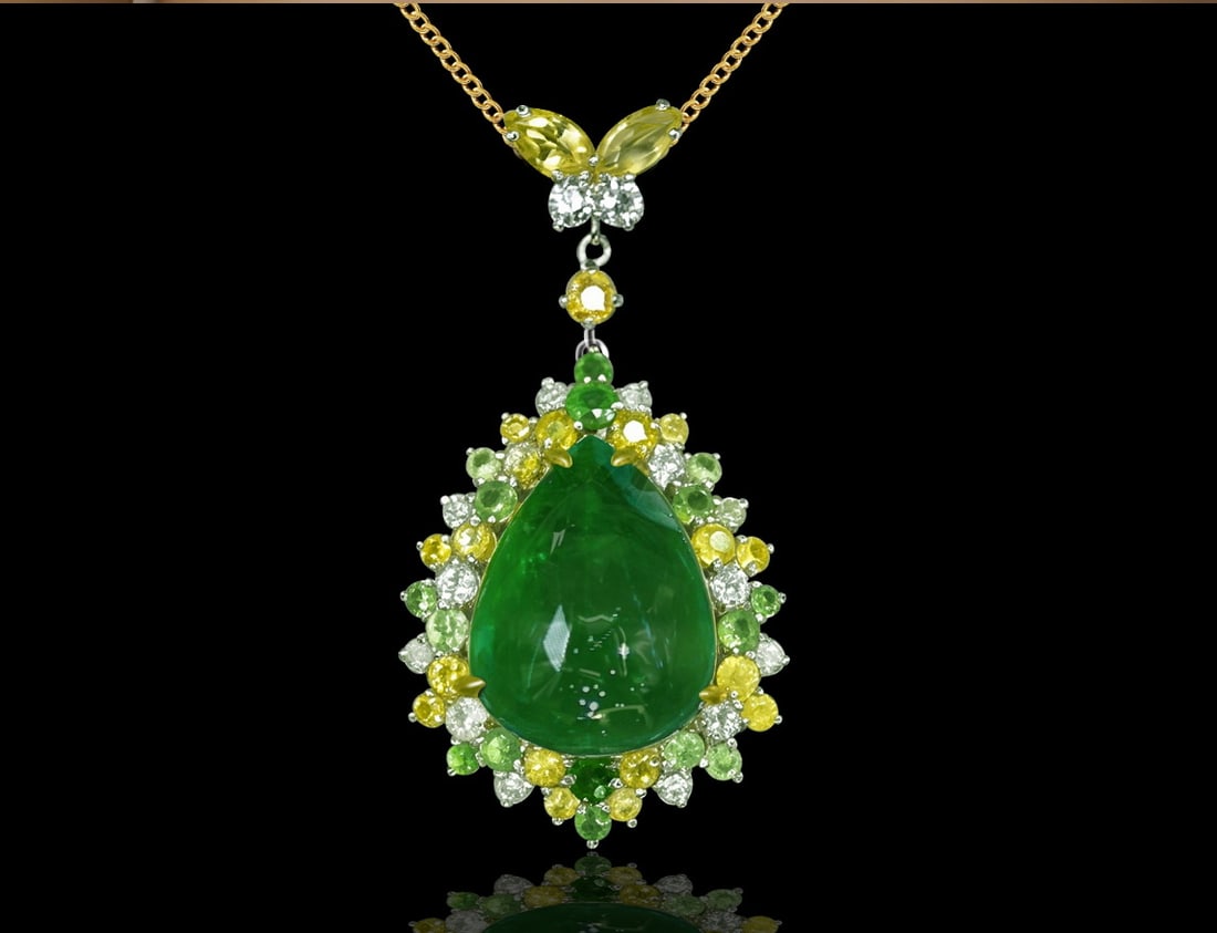 14k Gold 9.87 Ctw Vivid Green Natural Emerald & Sapphire Pendant( Without Chain ): Ref:231090250 // gold content:14k gold // main gemstone:emerald // shape:pear // carat weight:8. 58ct // color:vivid green // treatment:natural // // adjacent gemstone 2 : sapphire // shape:multiple /