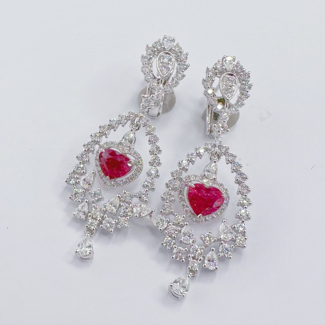 14k Gold 5.37 Ctw Natural Ruby & Diamond Earrings: Ref:231090258 // gold content:14k gold // main gemstone:ruby // shape:heart // carat weight:2. 40ct // color:red // treatment:natural // // adjacent gemstone 2 : diamond // shape:multiple // carat wei