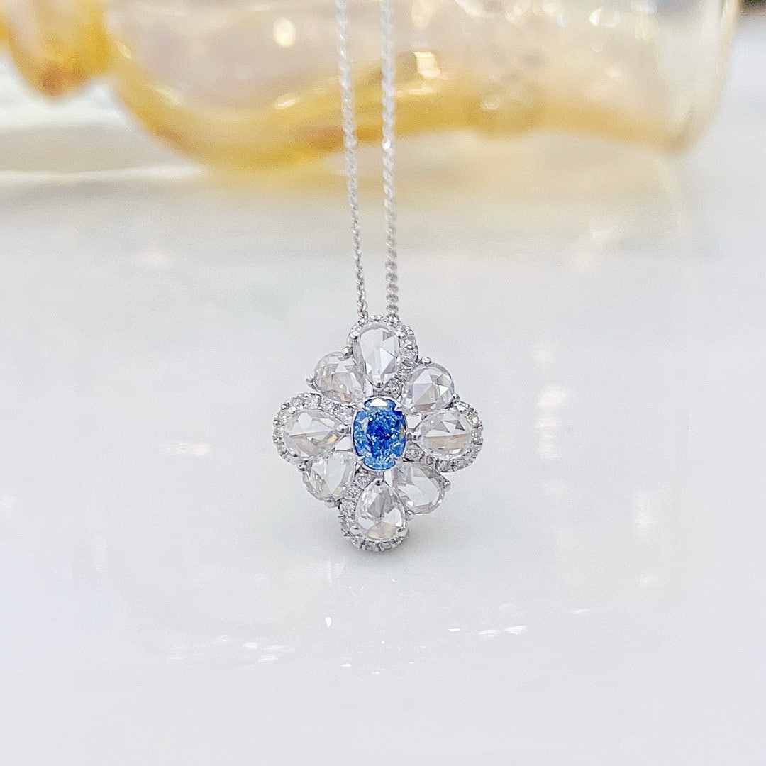 14k Gold 1.17 Ctw Natural Blue Diamond & Diamond Necklace: Ref:231090281 // gold content:14k gold // main gemstone:blue diamond // shape:oval // carat weight:0. 31ct // color:blue // treatment:natural // // adjacent gemstone 2 : diamond // shape:multiple //