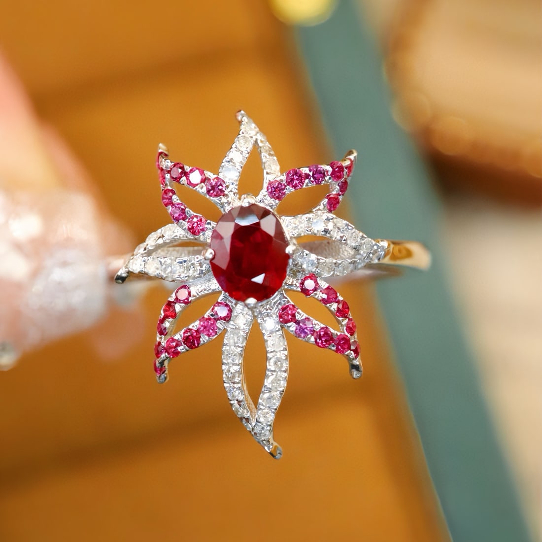 14k Gold 0.58 Ctw Natural Ruby & Diamond Ring: Ref:231090289 // gold content:14k gold // ring size:7. 25us // // main gemstone:ruby // shape:oval // carat weight:0. 46ct // color:pigeonblood red // treatment:natural // // adjacent gemstone 2 :