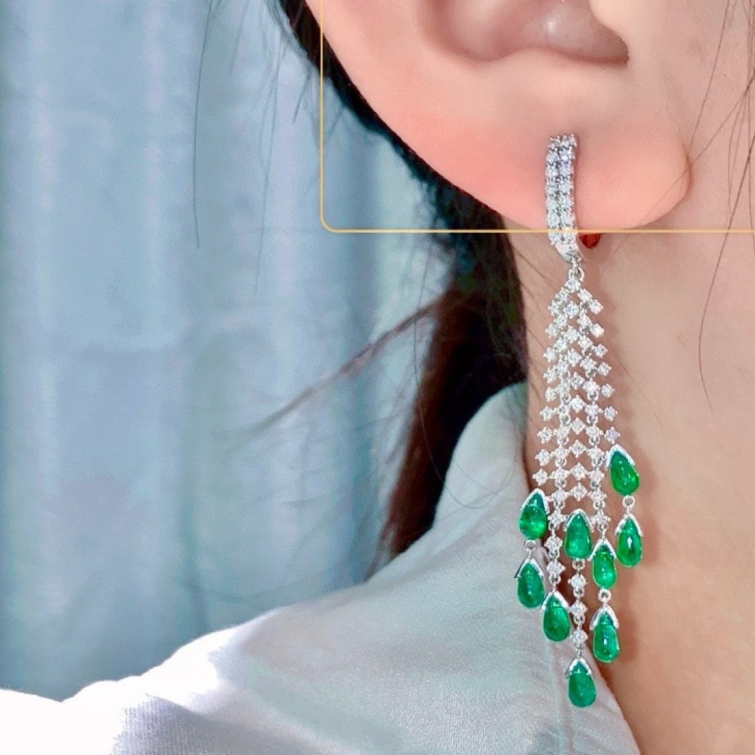 14k Gold 4.52 Ctw Vivid Green Natural Emerald & Diamond Earrings - 2