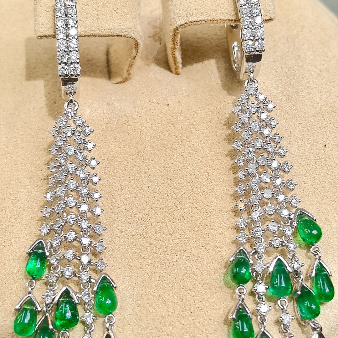14k Gold 4.52 Ctw Vivid Green Natural Emerald & Diamond Earrings - 6