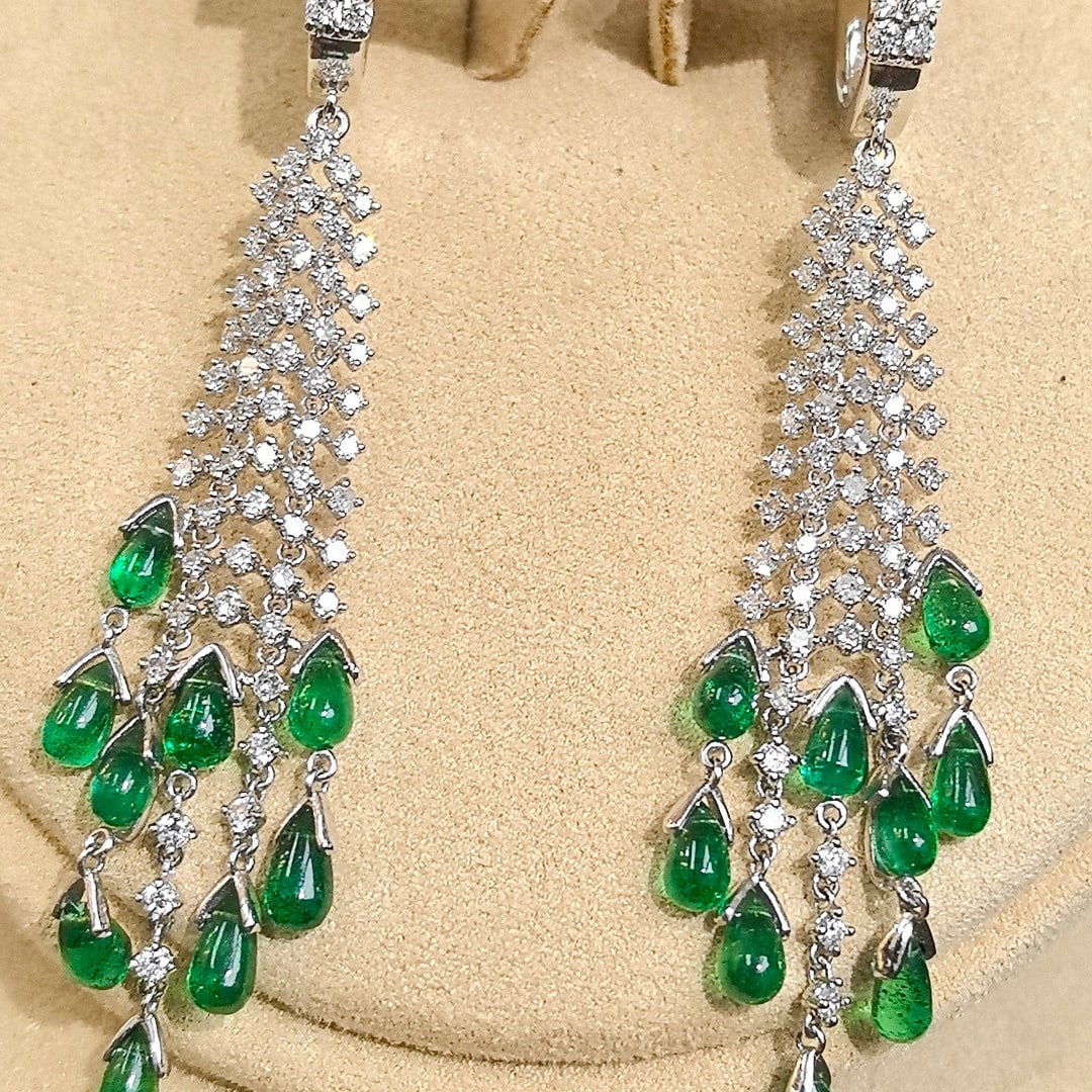 14k Gold 4.52 Ctw Vivid Green Natural Emerald & Diamond Earrings - 7