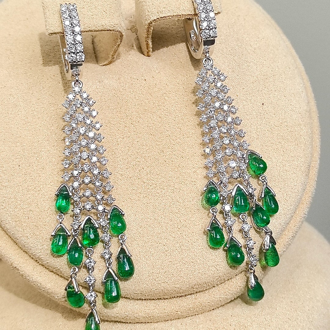14k Gold 4.52 Ctw Vivid Green Natural Emerald & Diamond Earrings - 8