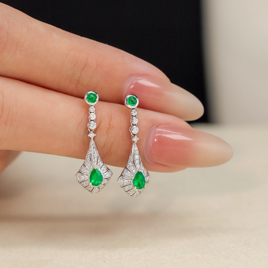 14k Gold 1.47 Ctw Vivid Green Natural Emerald & Diamond Earrings - 2
