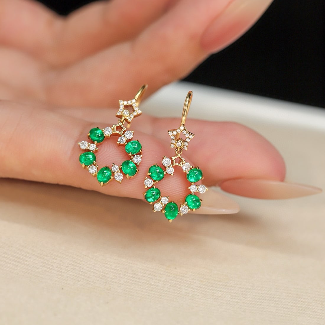 14k Gold 1.47 Ctw Vivid Green Natural Emerald & Diamond Earrings - 2