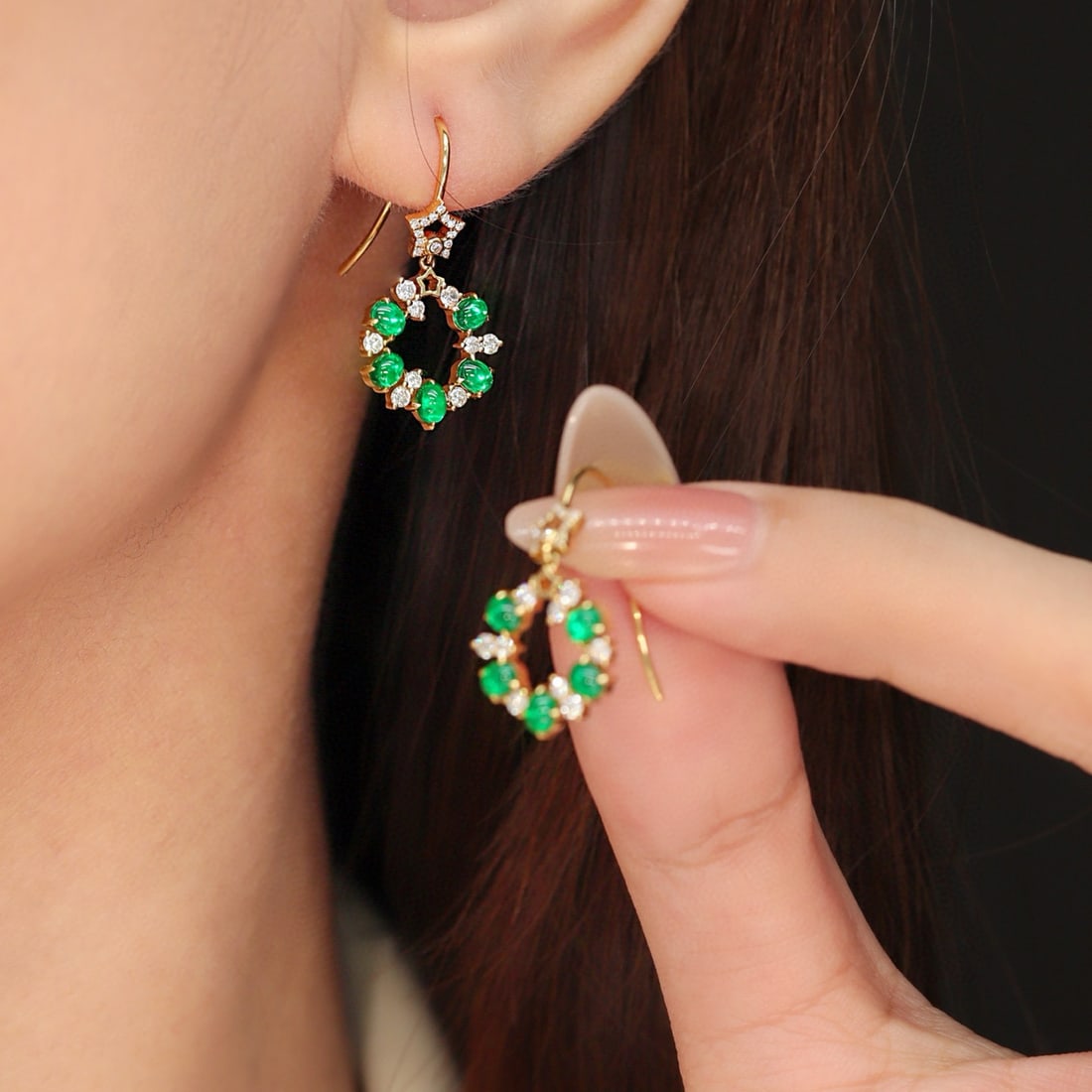14k Gold 1.47 Ctw Vivid Green Natural Emerald & Diamond Earrings - 4