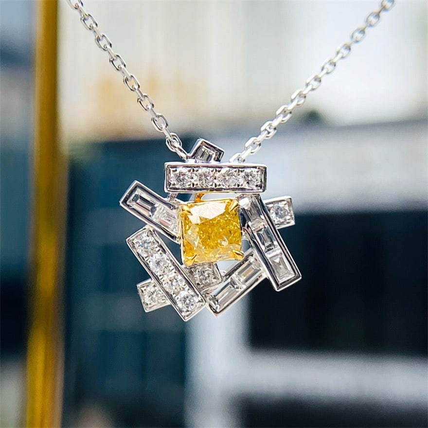14k Gold 0.60 Ctw Natural Yellow Diamond & Diamond Necklace: Ref:231090316 // gold content:14k gold // main gemstone:yellow diamond // shape:cushion // carat weight:0. 35ct // color:yellow // treatment:natural // // adjacent gemstone 2 : diamond //