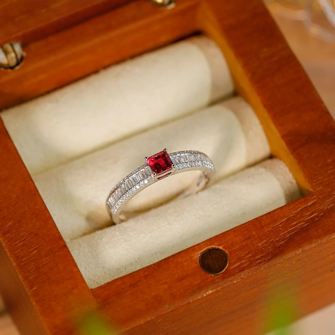 14k Gold 0.62 Ctw Natural Ruby & Diamond Ring: Ref:231090344 // gold content:14k gold // ring size:7. 25us // // main gemstone:ruby // shape:princess // carat weight:0. 30ct // color:red // treatment:natural // // adjacent gemstone 2 : diamond //