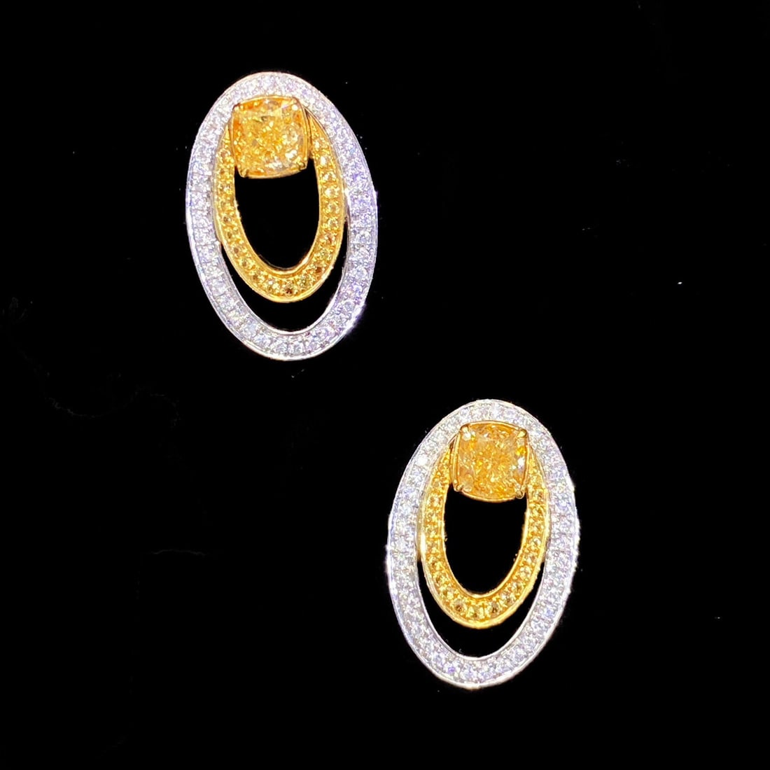 14k Gold 0.84 Ctw Natural Yellow Diamond & Diamond Earrings: Ref:231090348 // gold content:14k gold // main gemstone:yellow diamond // shape:cushion // carat weight:0. 68ct // color:yellow // treatment:natural // // adjacent gemstone 2 : diamond // shape:round