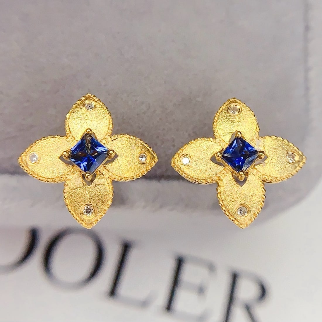 14k Gold 0.45 Ct Natural Sapphire & Diamond Earrings - 2