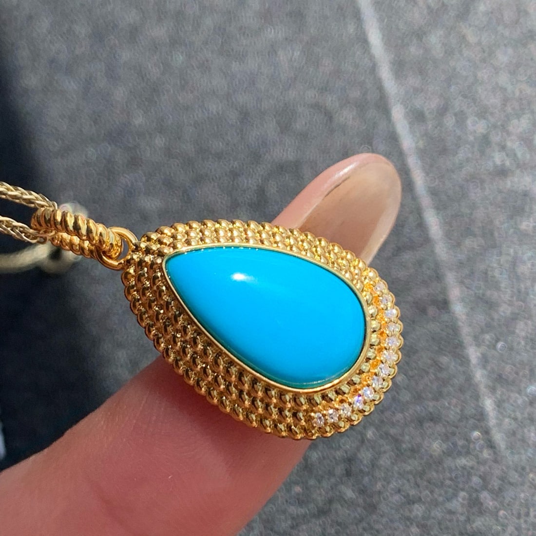 14k Gold 3.1 Ct Natural Blue Turquoise & Diamond Pendant( Without Chain ) - 3