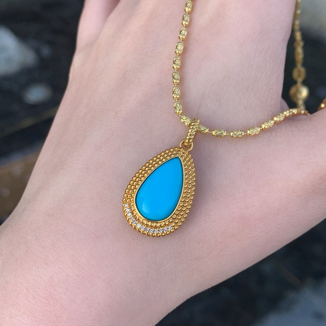 14k Gold 3.1 Ct Natural Blue Turquoise & Diamond Pendant( Without Chain ) - 4