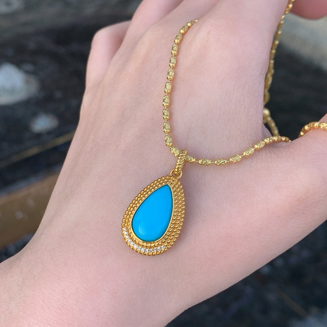 14k Gold 3.1 Ct Natural Blue Turquoise & Diamond Pendant( Without Chain ) - 5