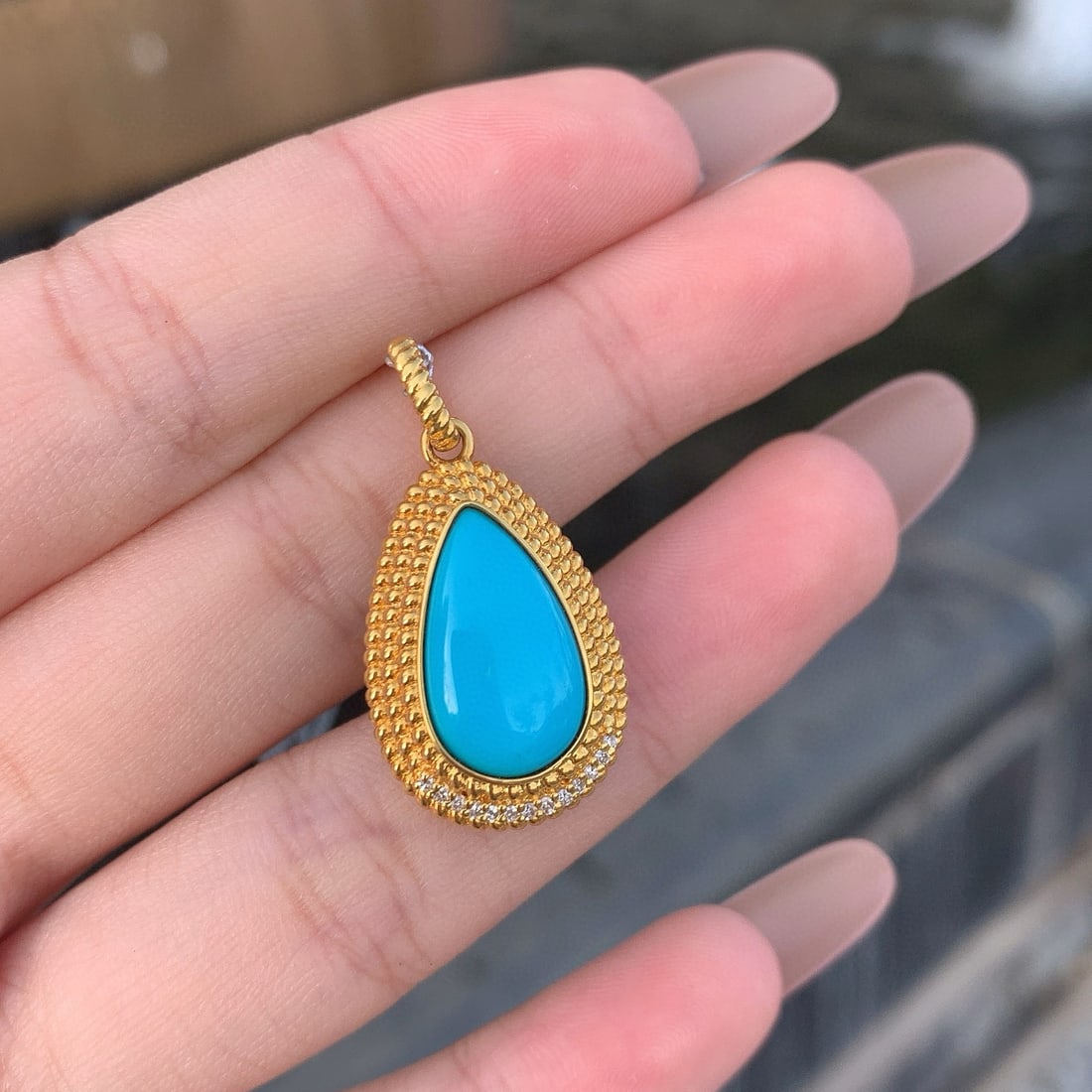 14k Gold 3.1 Ct Natural Blue Turquoise & Diamond Pendant( Without Chain ) - 7