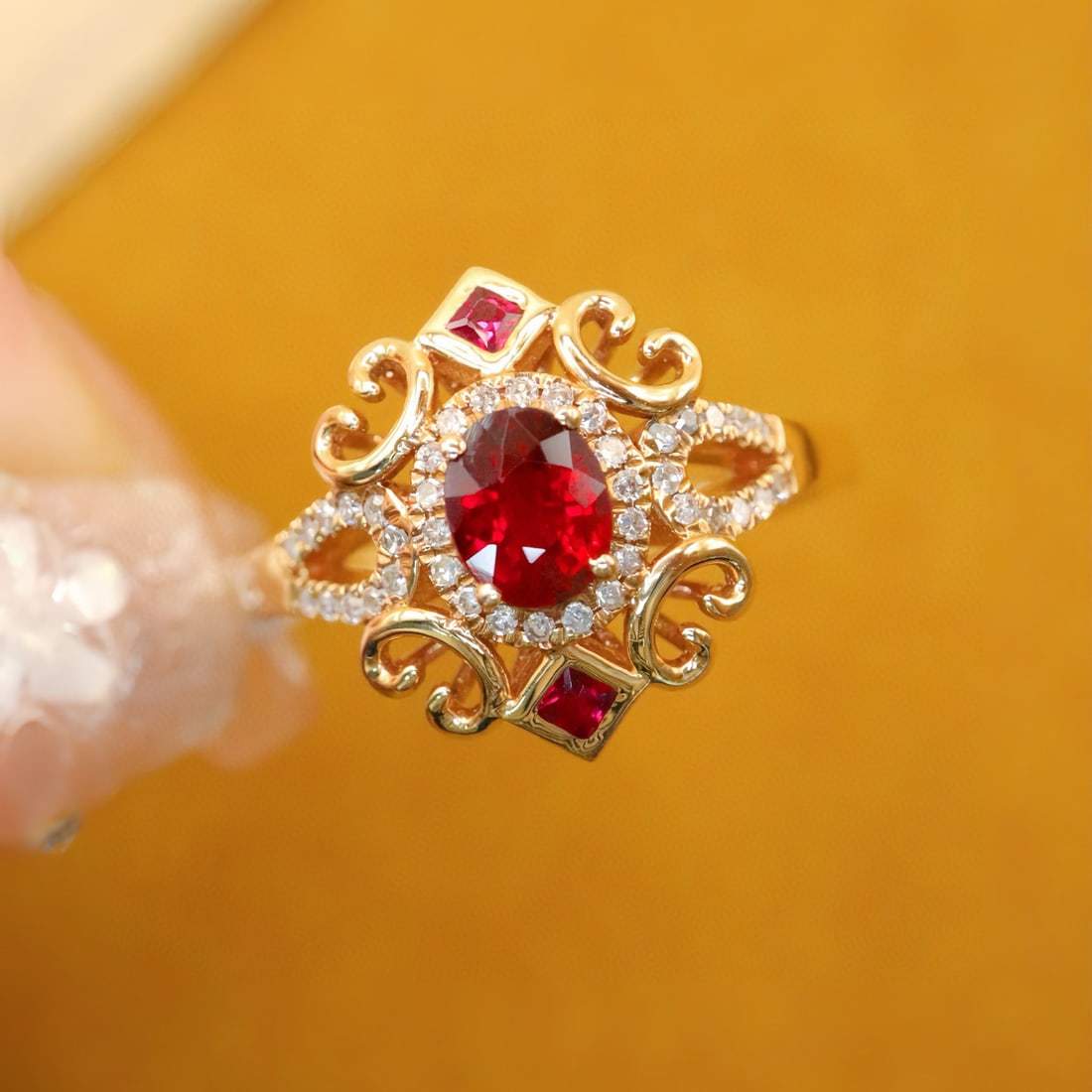 14k Gold 0.65 Ctw Natural Ruby & Diamond Ring: Ref:231090384 // gold content:14k gold // ring size:7. 25us // // main gemstone:ruby // shape:oval // carat weight:0. 53ct // color:red // treatment:natural // // adjacent gemstone 2 : diamond //