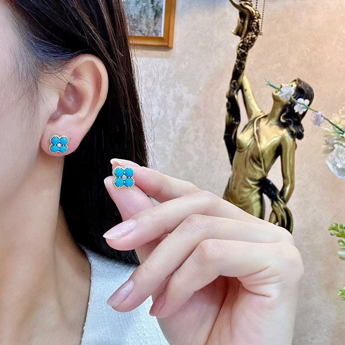 14k Gold 2.35 Ctw Natural Blue Turquoise & Diamond Earrings - 4