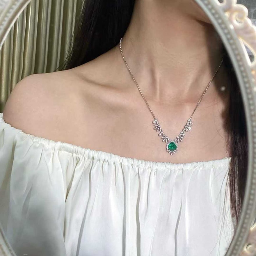 14k Gold 4.08 Ctw Vivid Green Natural Emerald & Diamond Necklace - 3