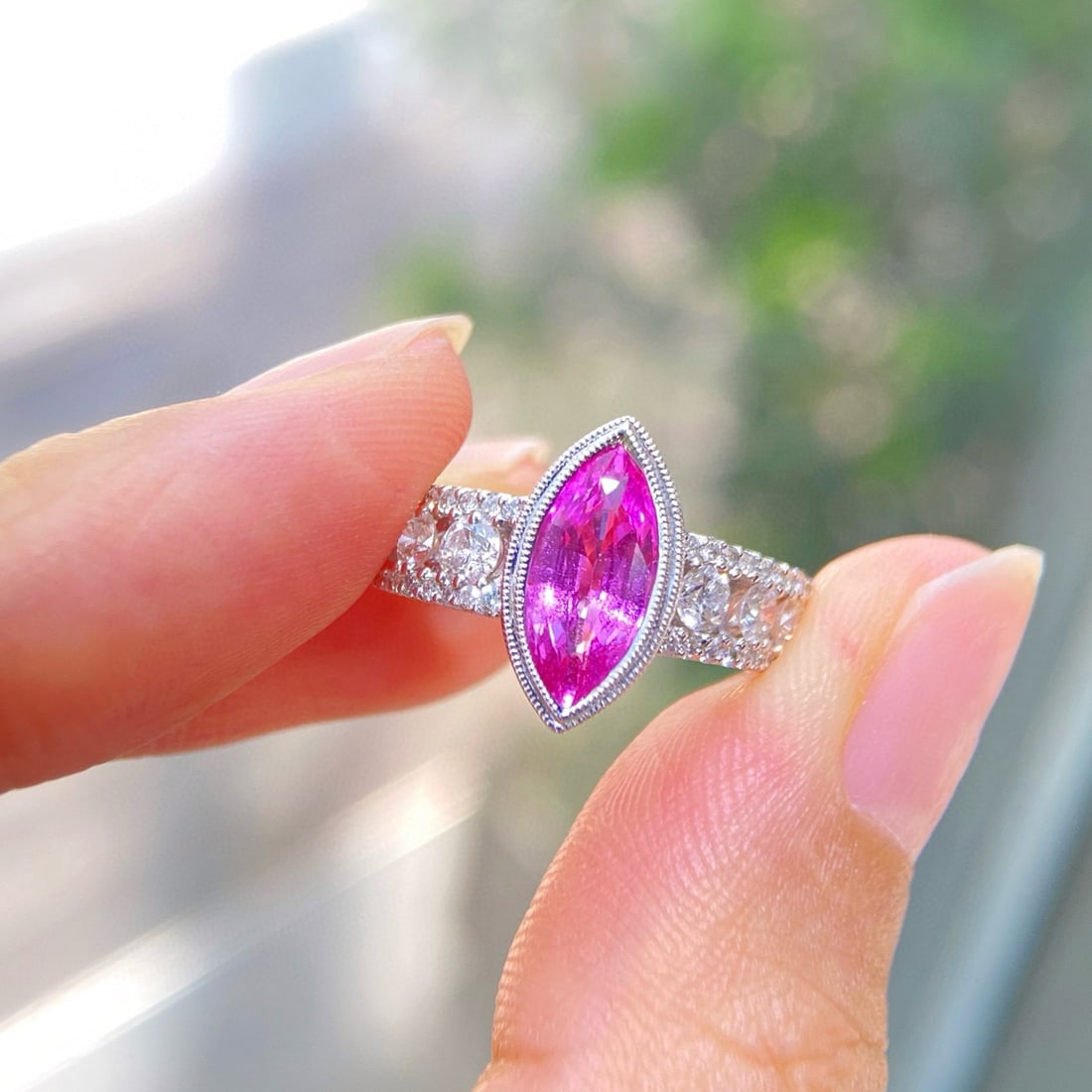 14k Gold 2.45 Ctw Natural Sapphire & Diamond Ring: Ref:231090399 // gold content:14k gold // ring size:7. 25us // // main gemstone:sapphire // shape:marquise // carat weight:1. 77ct // color:pink // treatment:natural // // adjacent gemstone 2 :