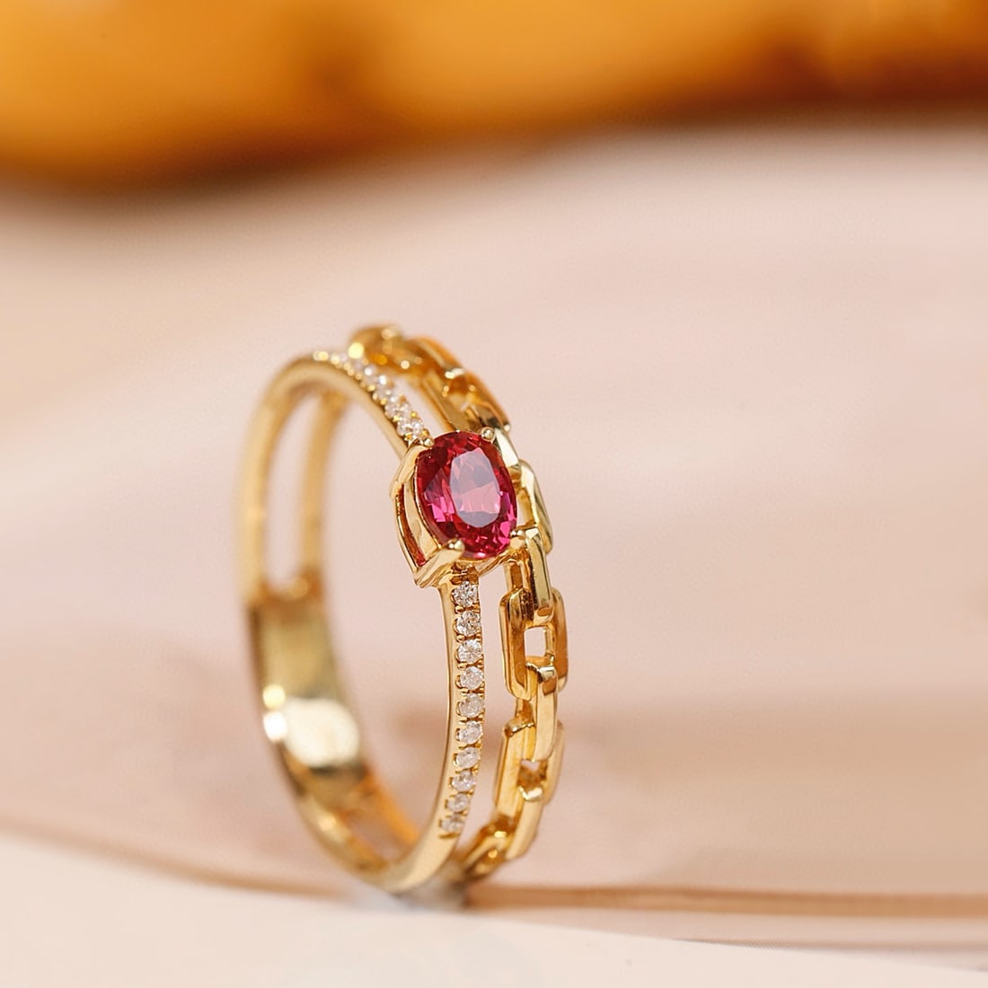 14k Gold 0.48 Ctw Natural Ruby & Diamond Ring: Ref:231090406 // gold content:14k gold // ring size:7. 25us // // main gemstone:ruby // shape:oval // carat weight:0. 42ct // color:red // treatment:natural // // adjacent gemstone 2 : diamond //