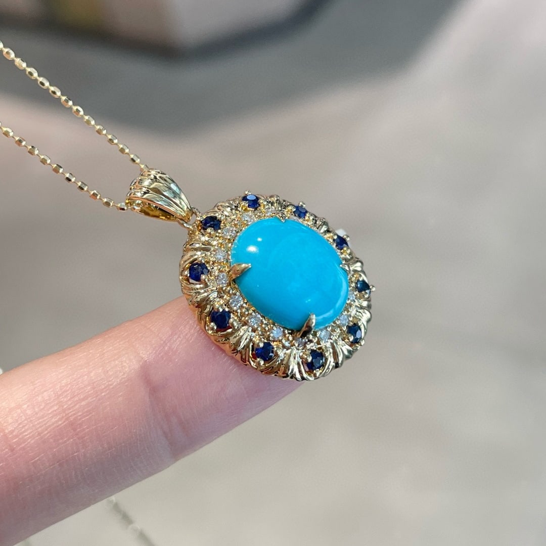 14k Gold 3 Ct Natural Blue Turquoise & Diamond & Sapphire Pendant( Without Chain ) - 2