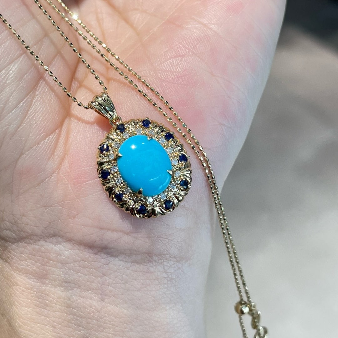 14k Gold 3 Ct Natural Blue Turquoise & Diamond & Sapphire Pendant( Without Chain ) - 6