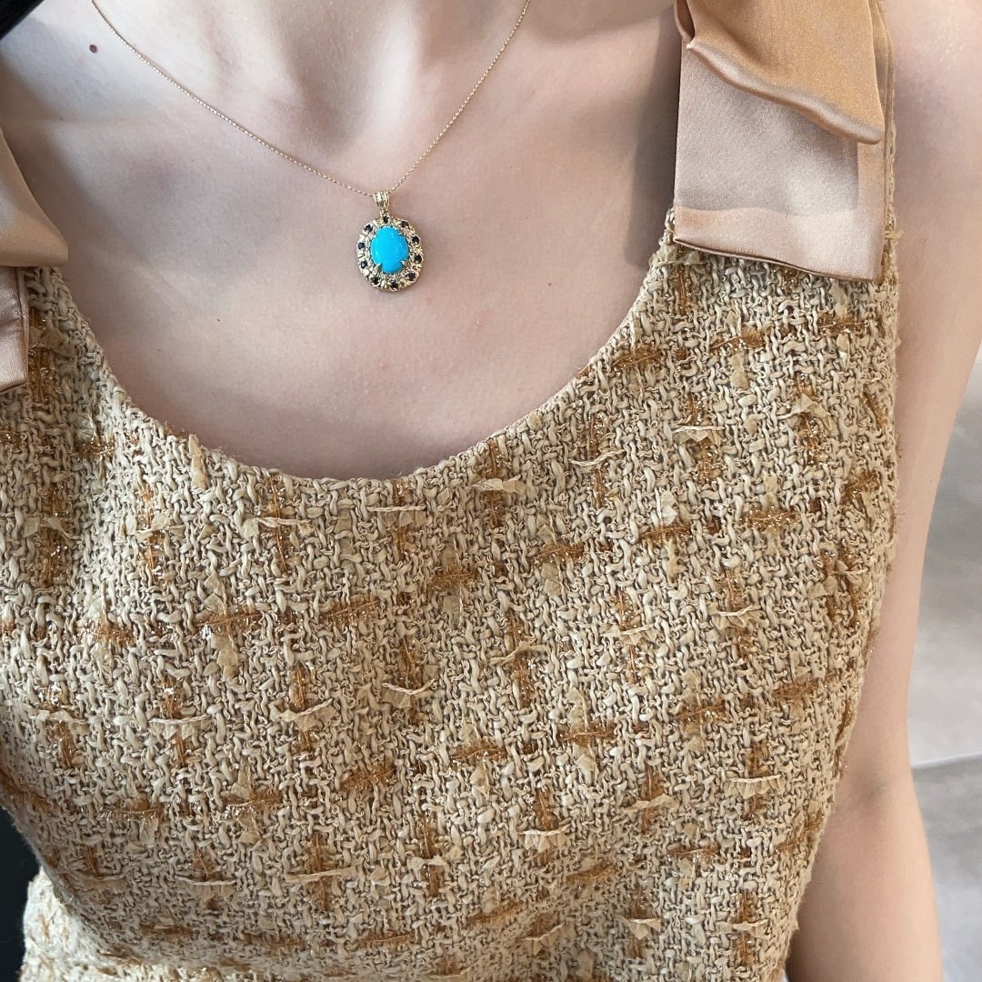 14k Gold 3 Ct Natural Blue Turquoise & Diamond & Sapphire Pendant( Without Chain ) - 7