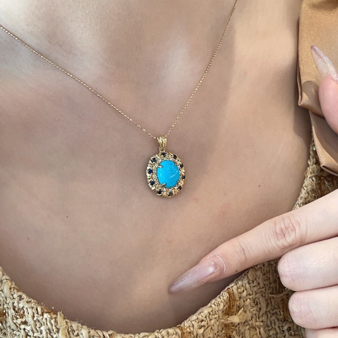 14k Gold 3 Ct Natural Blue Turquoise & Diamond & Sapphire Pendant( Without Chain ) - 8