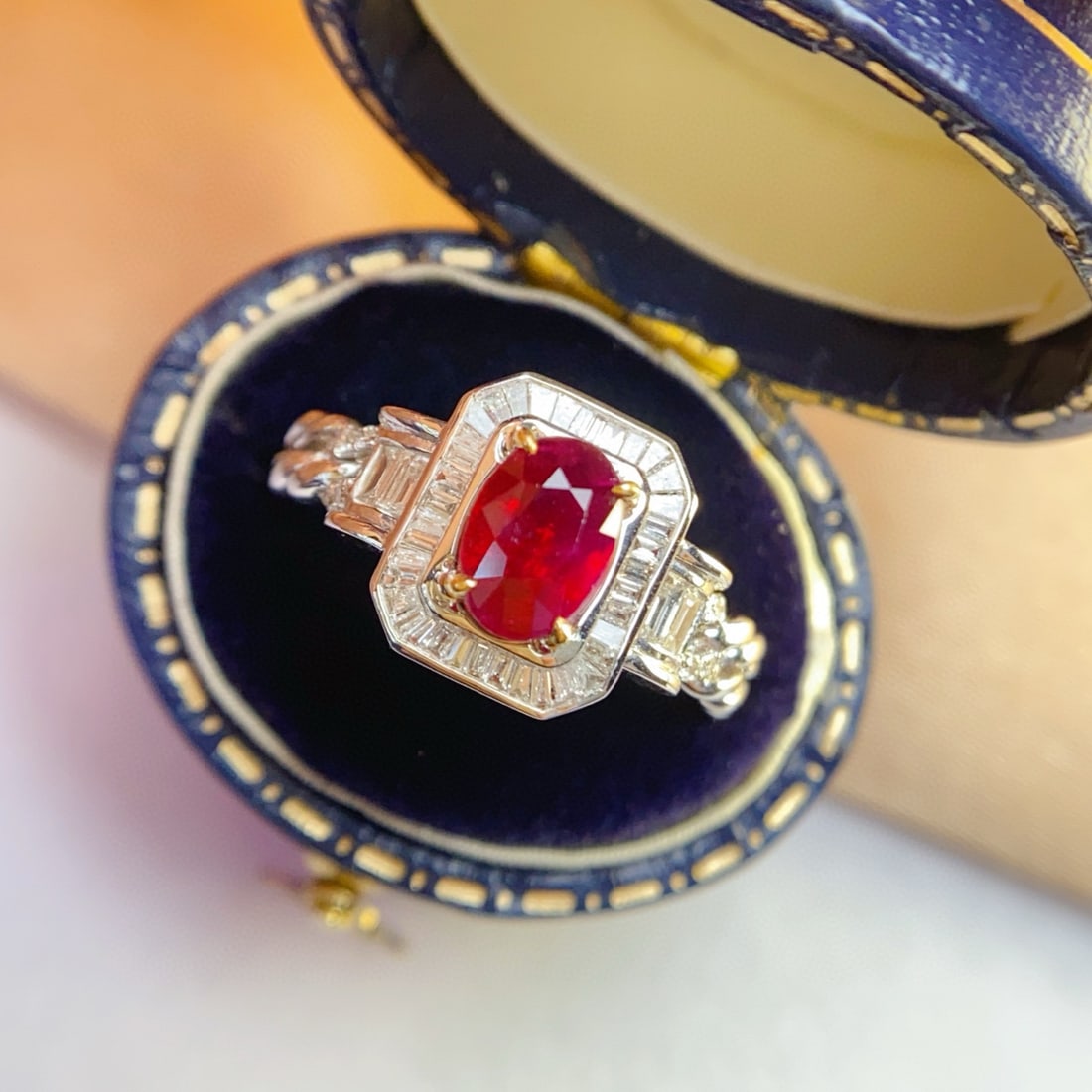 14k Gold 1.40 Ct Vivid Red Natural Ruby & Diamond Ring: Ref:231090419 // gold content:14k gold // ring size:7. 25us // // main gemstone:ruby // shape:oval // carat weight:1. 40ct // color:vivid red // treatment:natural // // adjacent gemstone 2 : diamond /