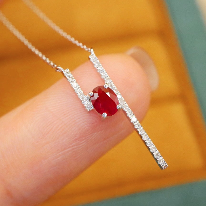 14k Gold 0.44 Ctw Vivid Red Natural Ruby & Diamond Necklace - 4