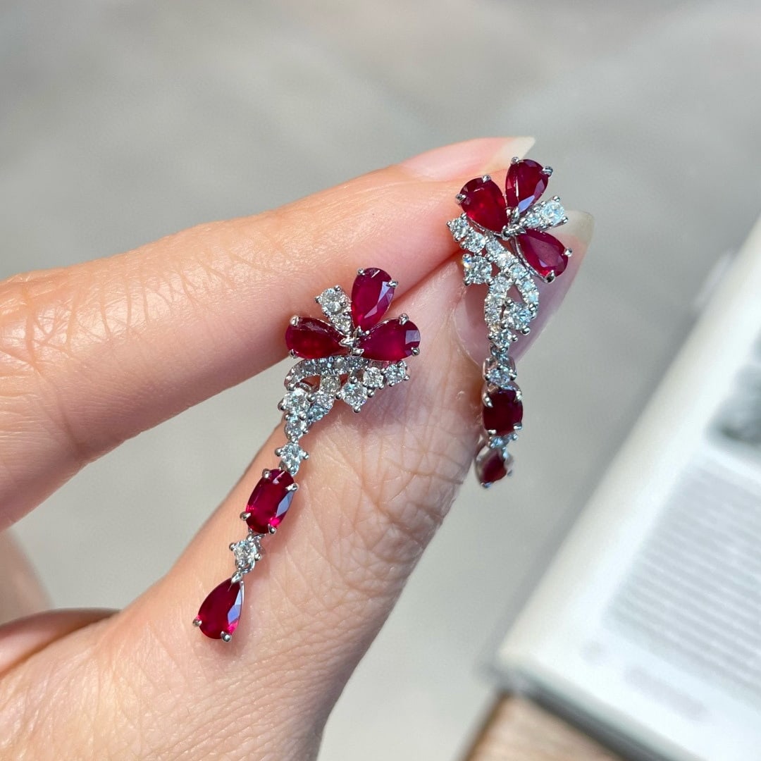14k Gold 2.2 Ct Natural Ruby & Diamond Earrings - 6