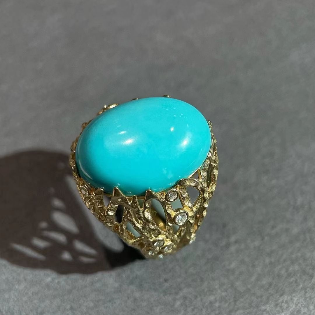 14k Gold 4.80 Ctw Natural Blue Turquoise & Diamond Ring - 2