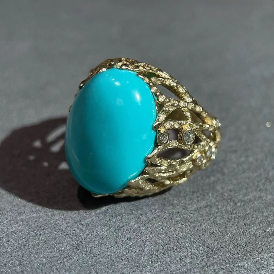 14k Gold 4.80 Ctw Natural Blue Turquoise & Diamond Ring - 3