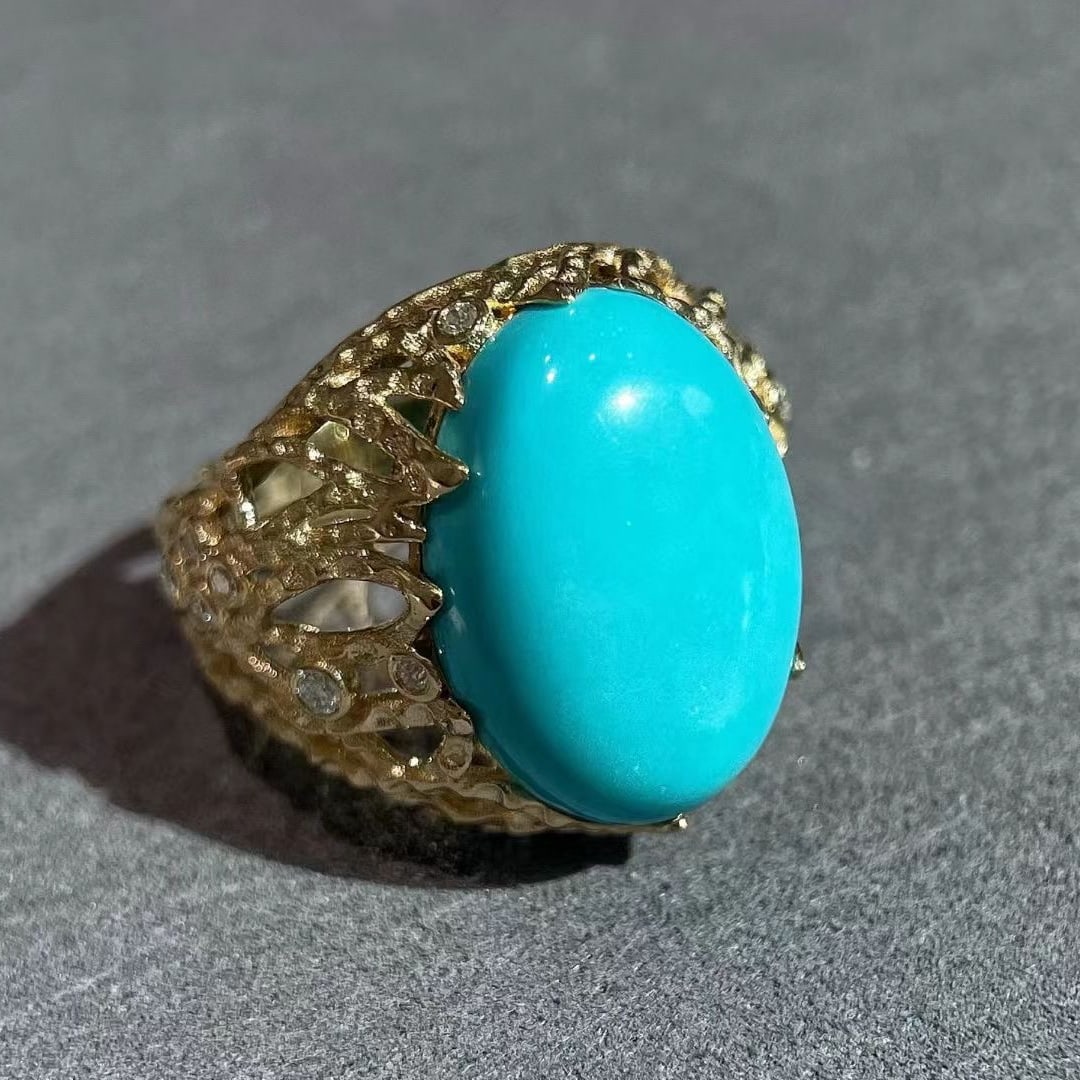 14k Gold 4.80 Ctw Natural Blue Turquoise & Diamond Ring - 4