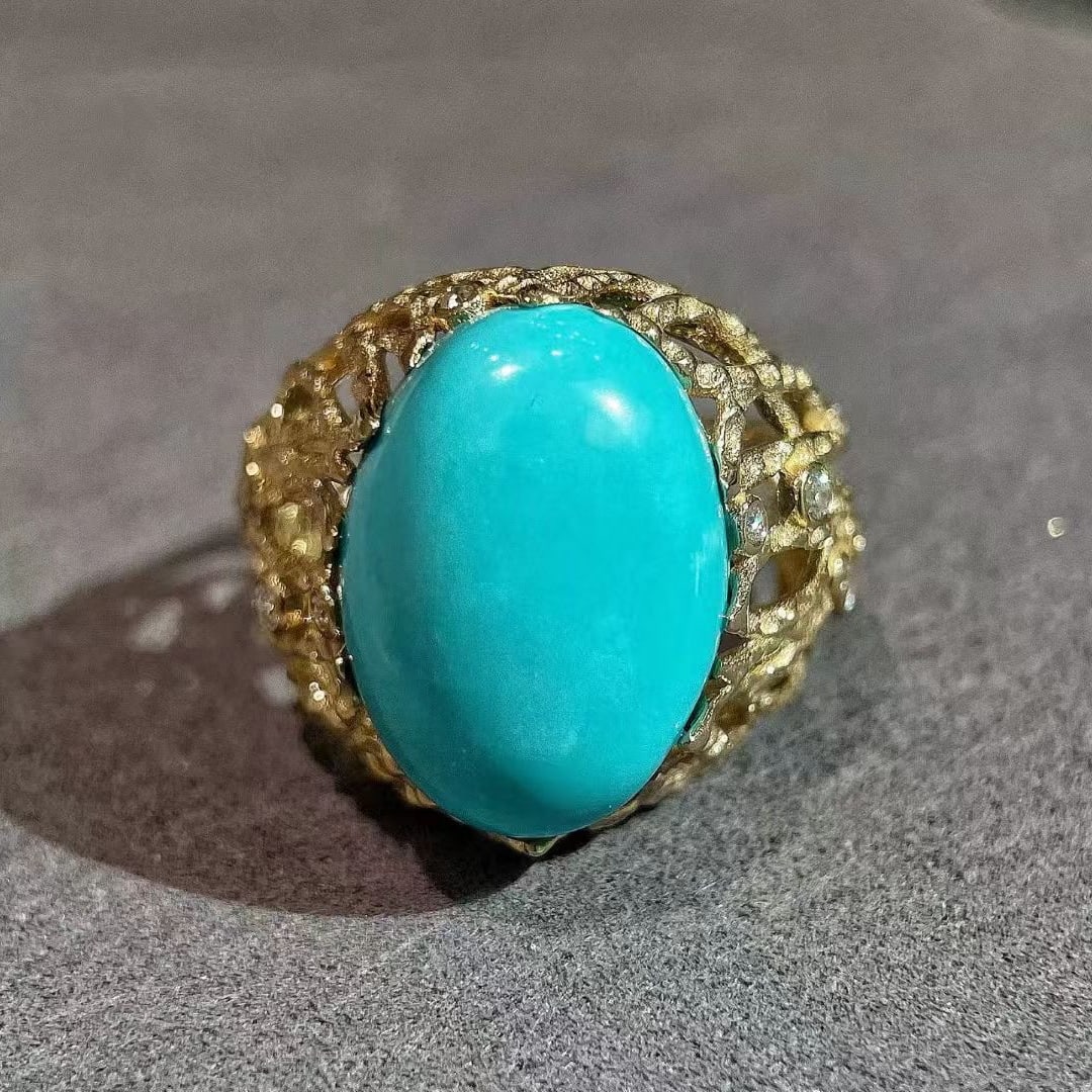 14k Gold 4.80 Ctw Natural Blue Turquoise & Diamond Ring - 5