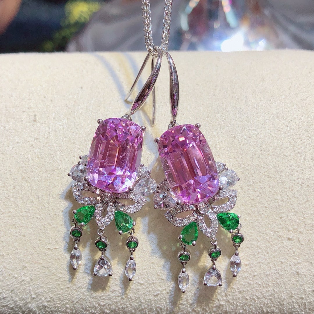 14k Gold 19.74 Ctw Natural Kunzite & Sapphire Earrings - 3