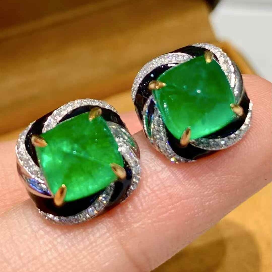 14k Gold 5.3 Ct Vivid Green Natural Emerald & Diamond Earrings - 4