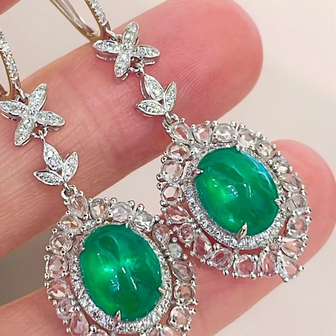 14k Gold 5.5 Ct Natural Emerald & Diamond & Sapphire Earrings - 2