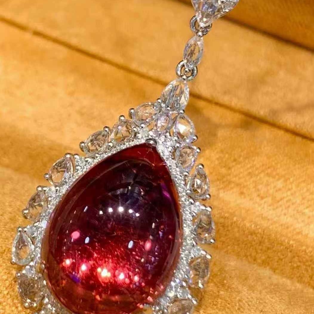 14k Gold 10.7 Ct Natural Tourmaline & Diamond & Sapphire Pendant( Without Chain ) - 3