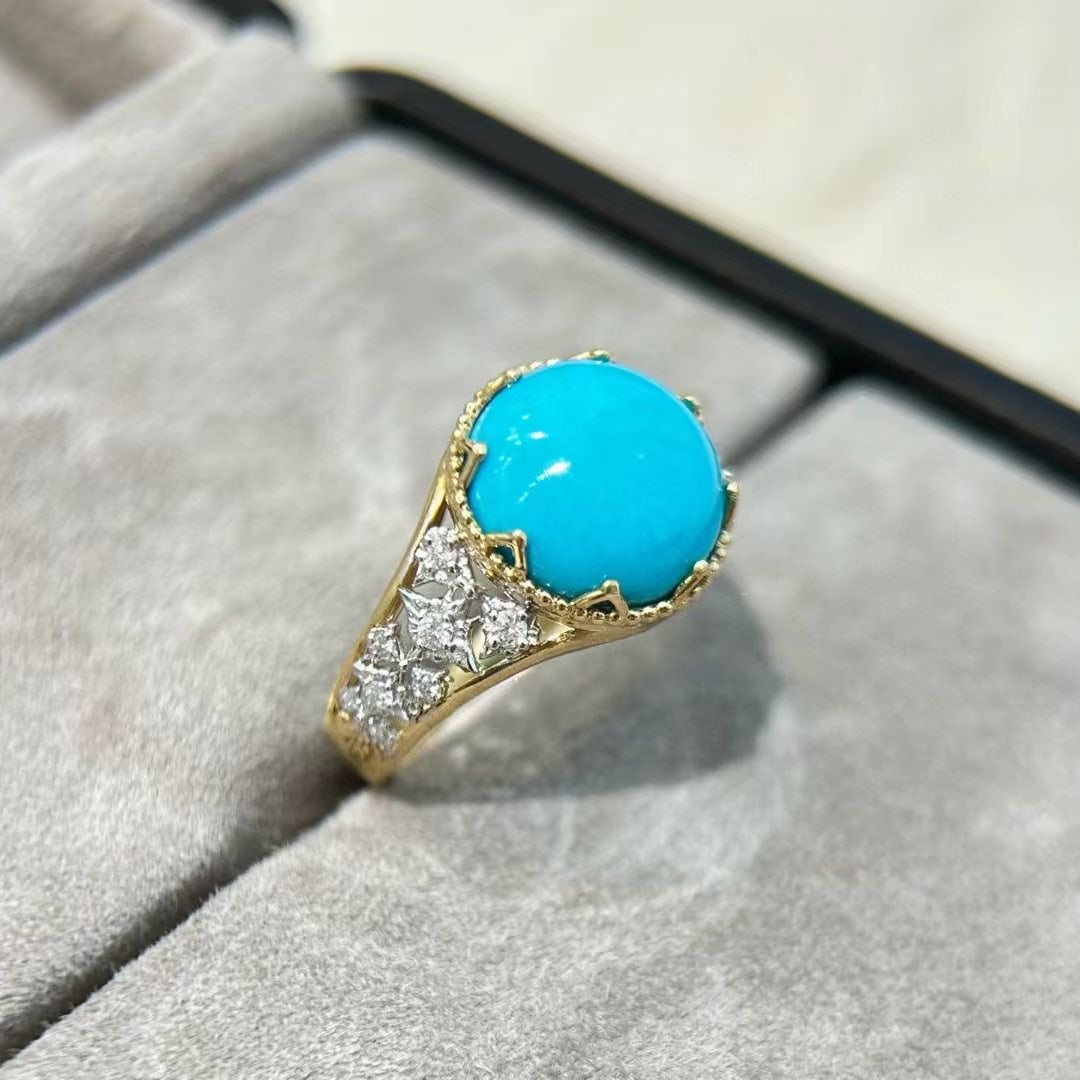 14k Gold 4.80 Ctw Natural Blue Turquoise & Diamond Ring: Ref:231081255 // gold content:14k gold // ring size:7. 25us // // main gemstone:blue turquoise // shape:round // carat weight:4. 65ct // color:blue // treatment:natural // cut grade:g // // adjacent
