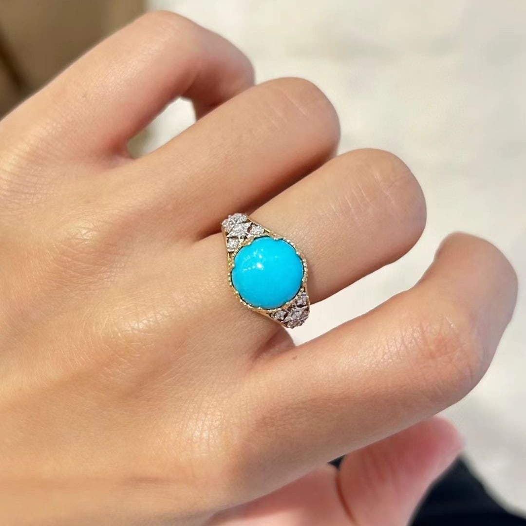 14k Gold 4.80 Ctw Natural Blue Turquoise & Diamond Ring - 4