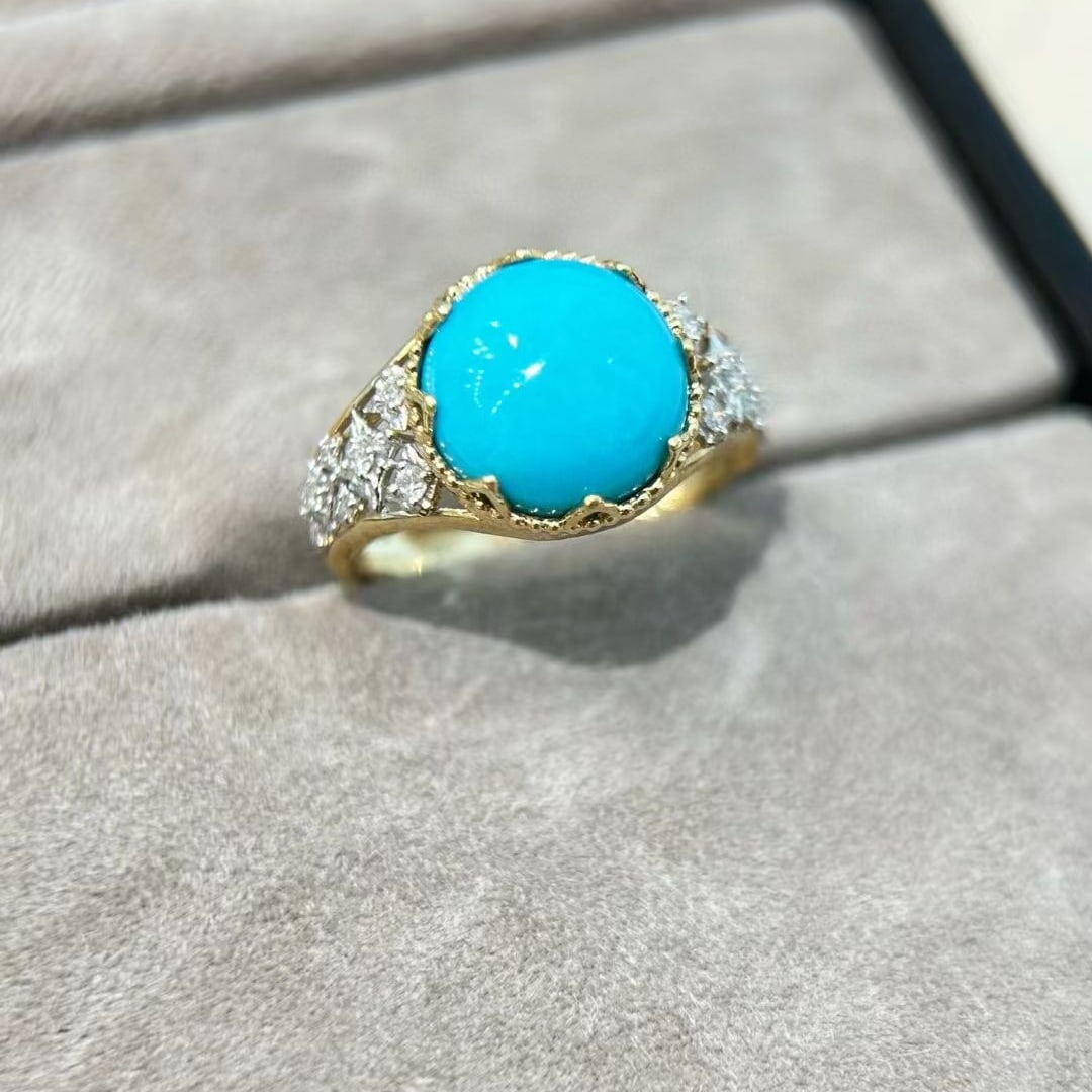 14k Gold 4.80 Ctw Natural Blue Turquoise & Diamond Ring - 6