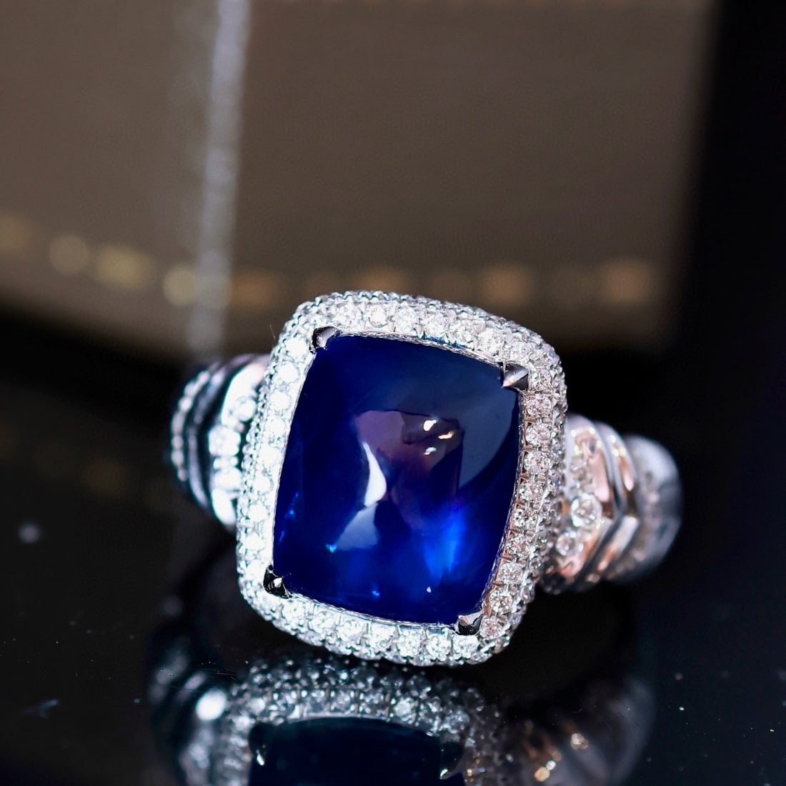14k Gold 7.14 Ctw Natural Sapphire & Diamond Ring: Ref:231082051 // gold content:14k gold // ring size:7. 25us // // main gemstone:sapphire // shape:sugar-loaf // carat weight:6. 44ct // color:blue // treatment:natural // // adjacent gemstone 2 :