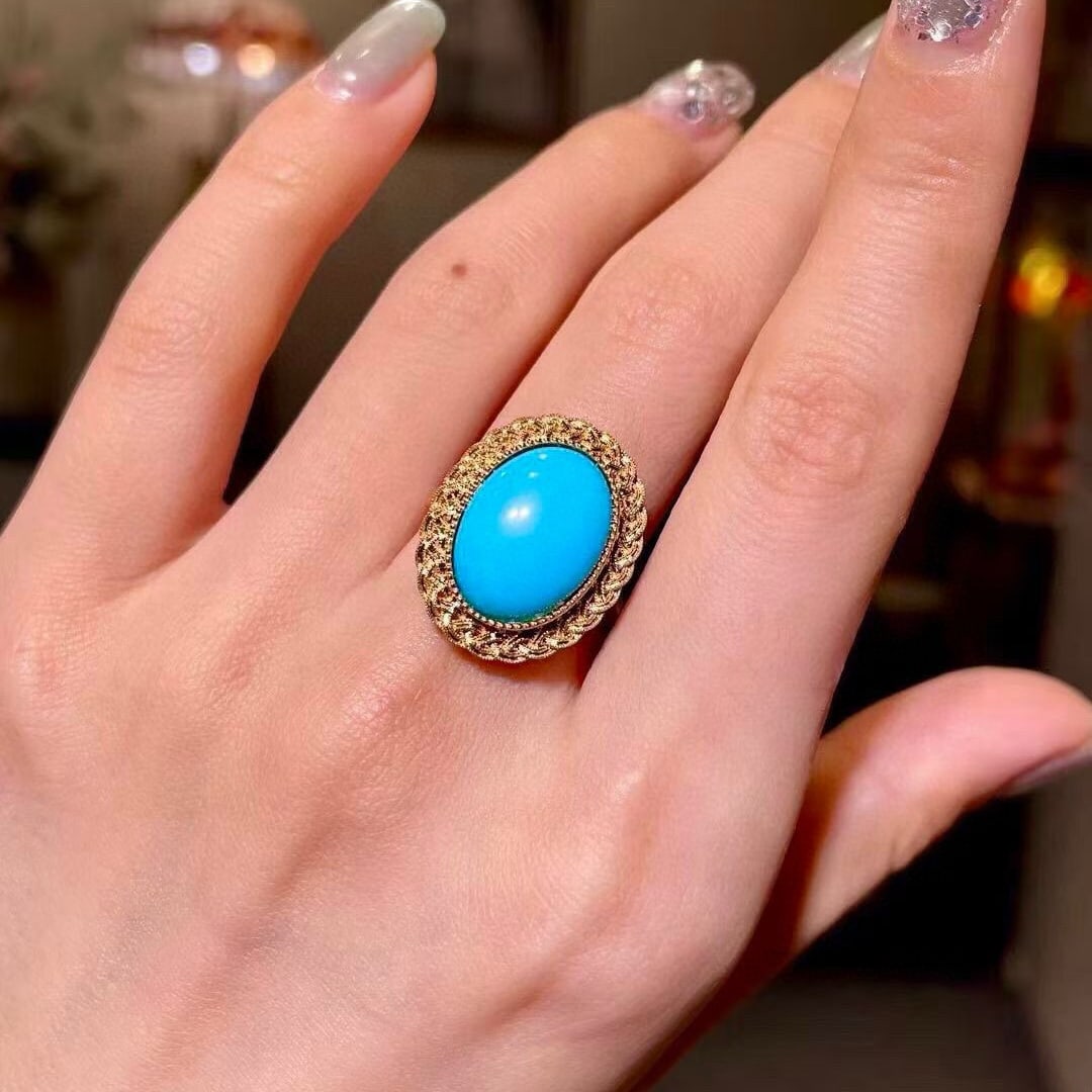 14k Gold 5.56 Ct Natural Blue Turquoise Ring - 3