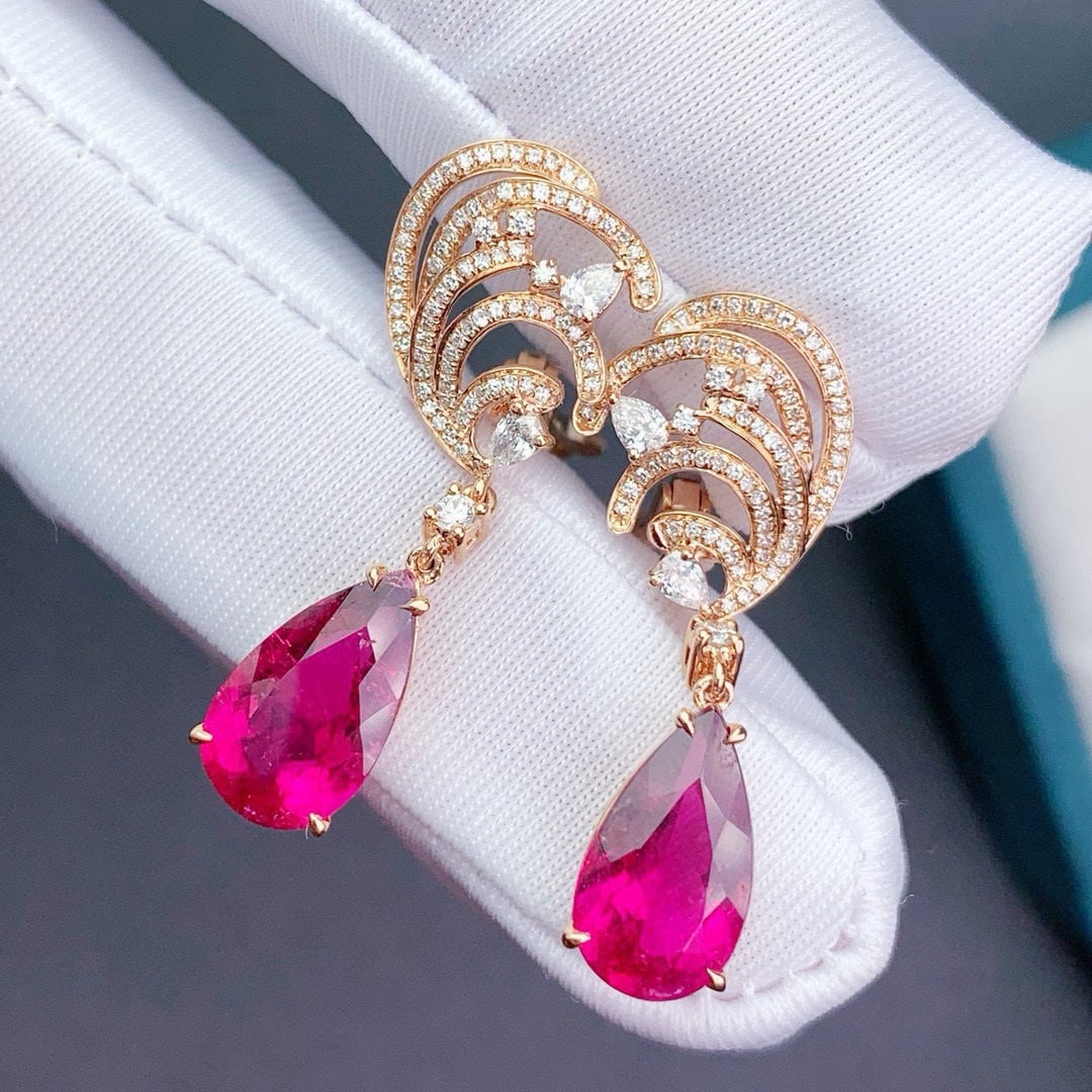 14k Gold 6.6 Ct Natural Tourmaline & Diamond Earrings - 5