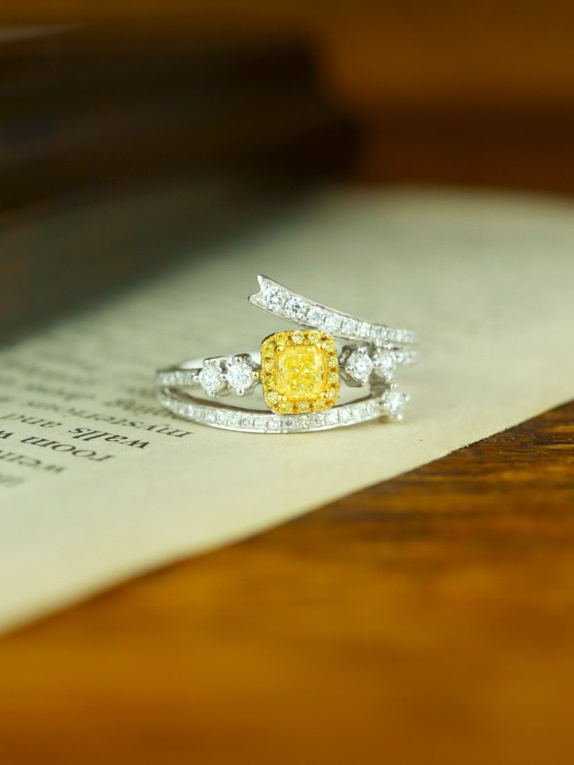 14k Gold 0.55 Ctw Natural Yellow Diamond & Diamond Ring: Ref:231082206 // gold content:14k gold // ring size:7. 25us // // main gemstone:yellow diamond // shape:cushion // carat weight:0. 23ct // color:yellow // treatment:natural // // adjacent gemstone 2