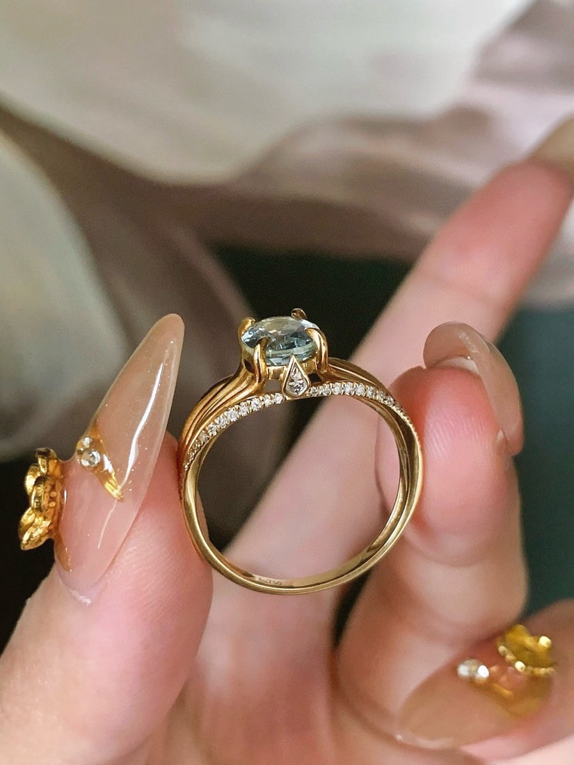 14k Gold 1.20 Ct Natural Aquamarine & Diamond Ring - 2