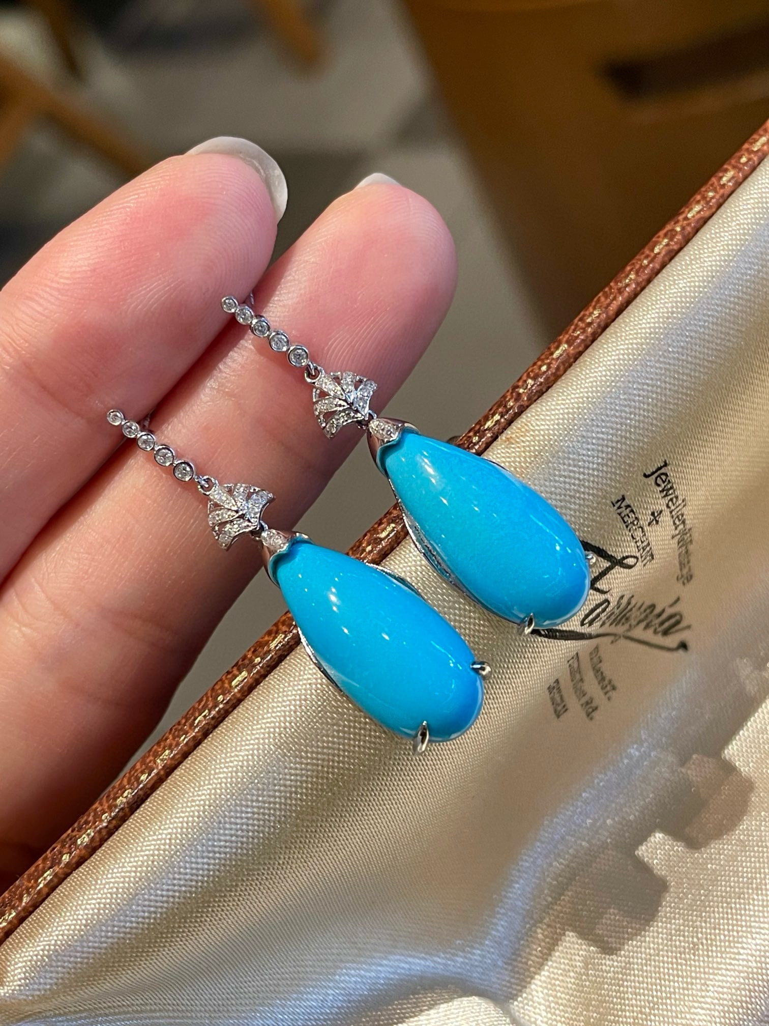 14k Gold 12.63 Ct Natural Blue Turquoise & Diamond Earrings - 3